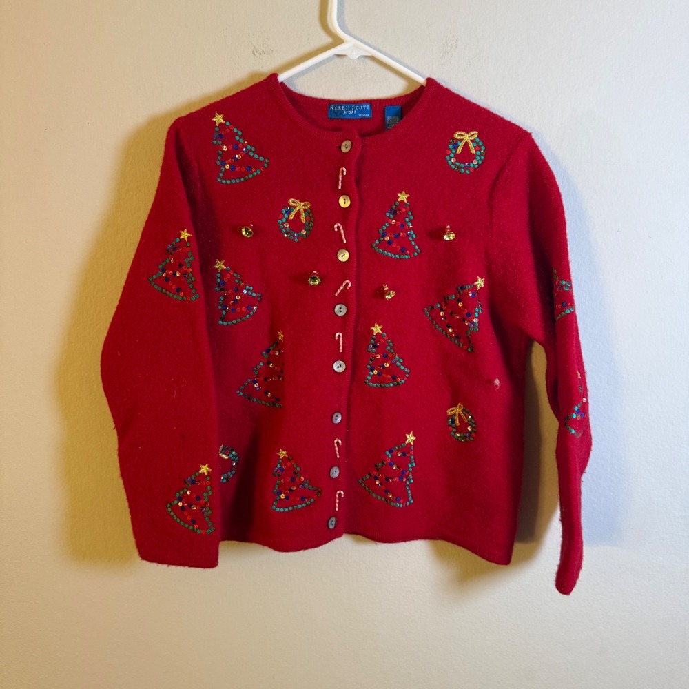 Karen Scott Sport Red Wool Christmas Cardigan Sweater Womens 1X Trees Bells 100%